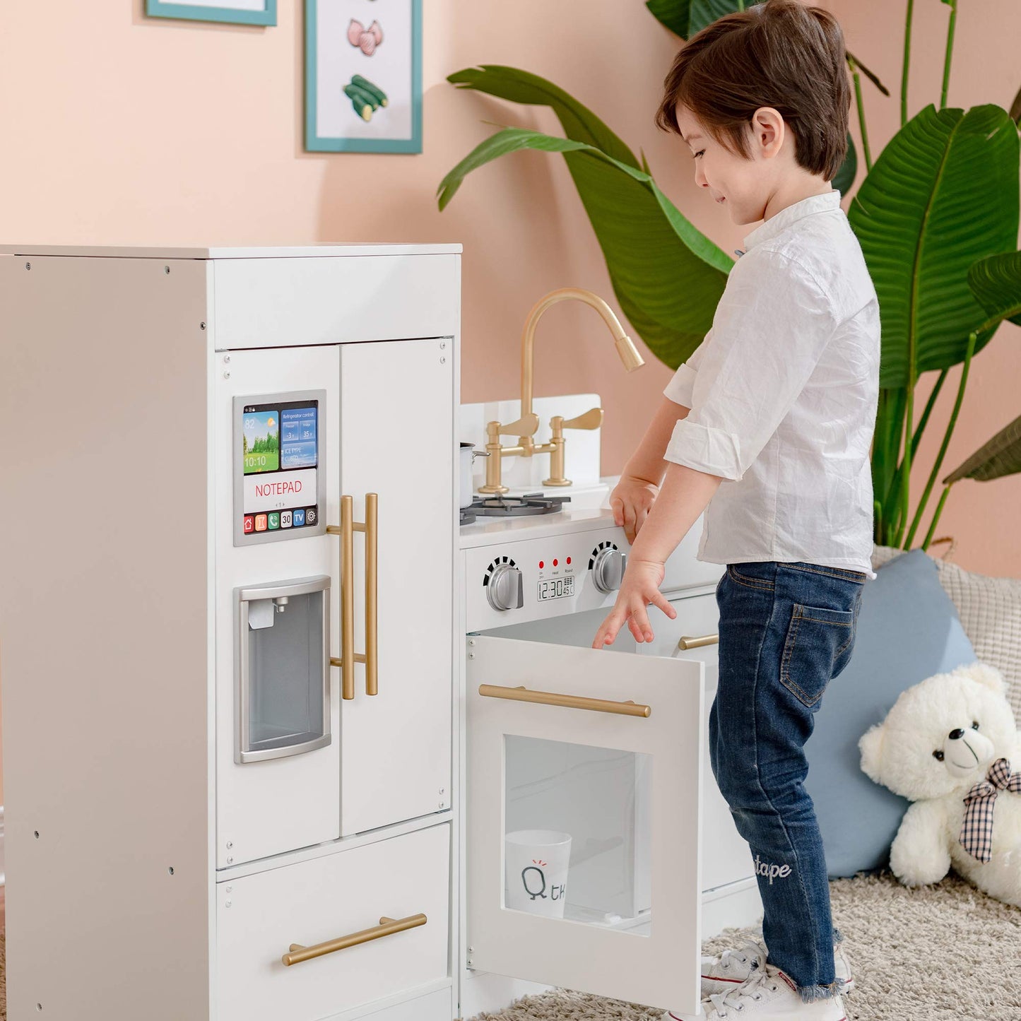 Teamson Kids Little Chef Charlotte Modern Modular Interactive Wooden Play Kitchen with Refrigerator, Stove and Sink in White with Gold Finishes - WoodArtSupply