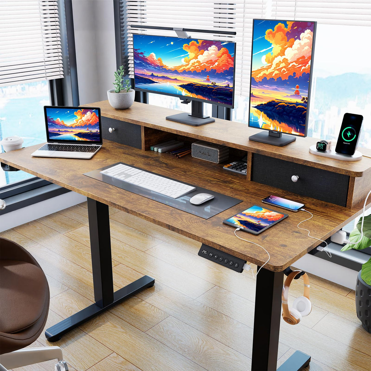 Vabches Electric Standing Desk Adjustable Height, LED Stand Up Desk with Drawers and Charging Station 48 Inch Ergonomic Sit Stand Desk with Storage Uplift Work Desk for Home Office (Rustic Brown) Vabches