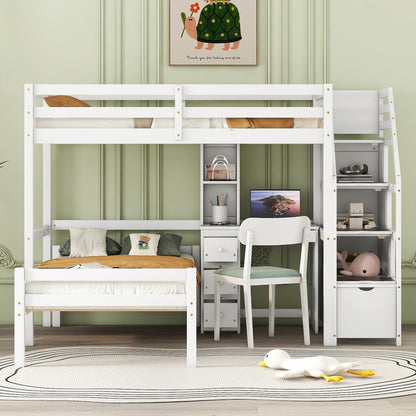 Harper & Bright Designs Twin Loft Bed with Stairs, Desk, Shelves, and Storage Drawers in White - WoodArtSupply