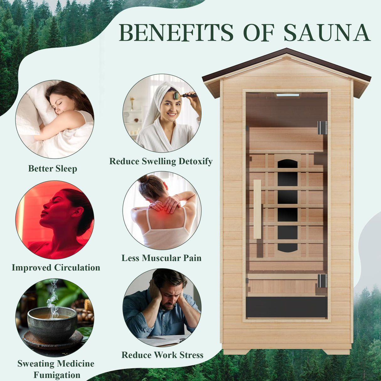 BNEHS Outdoor Sauna 1 Person,Full Spectrum Infrared Sauna,Home Sauna with 10 Minutes Warm Up Heating Tubes & Panels,Personal Wooden Sauna Room with Bluetooth Speaker,1820Watt BNEHS