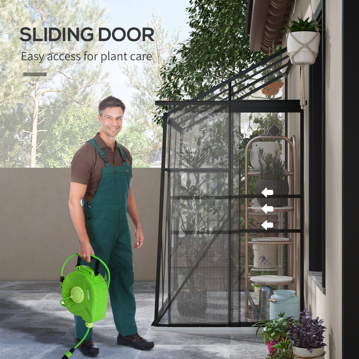 Outsunny 6' x 4' Lean-to Polycarbonate Greenhouse, Walk-in Hobby Green House with Sliding Door, 5-Level Roof Vent, Rain Gutter, Garden Plant Hot House with Aluminum Frame and Foundation, Black Outsunny