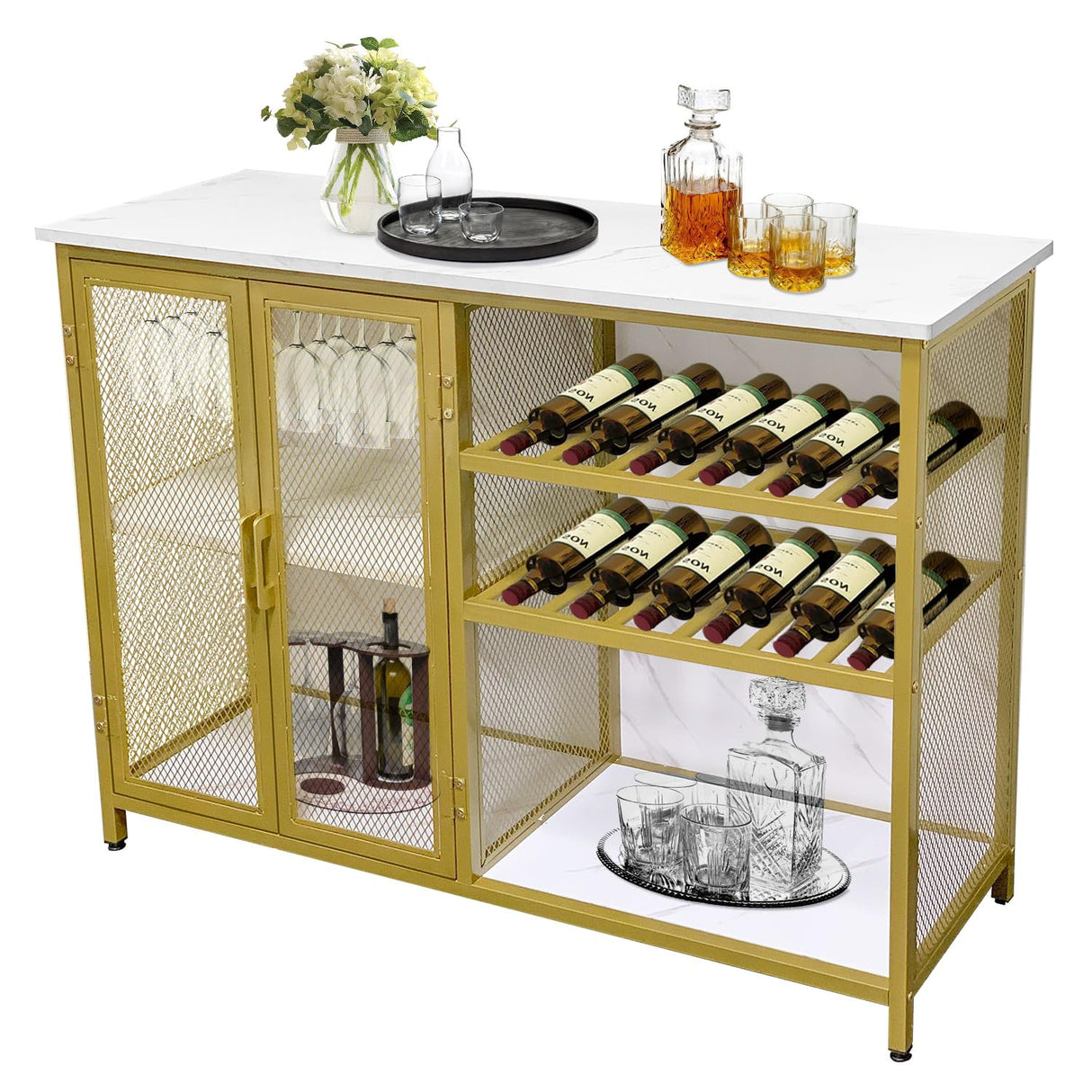 AT-VALY Bar Cabinets with Wine Rack and Glass Rack,Small Sideboard and Buffet Cabinet with Mesh Doors (Gold) AT-VALY