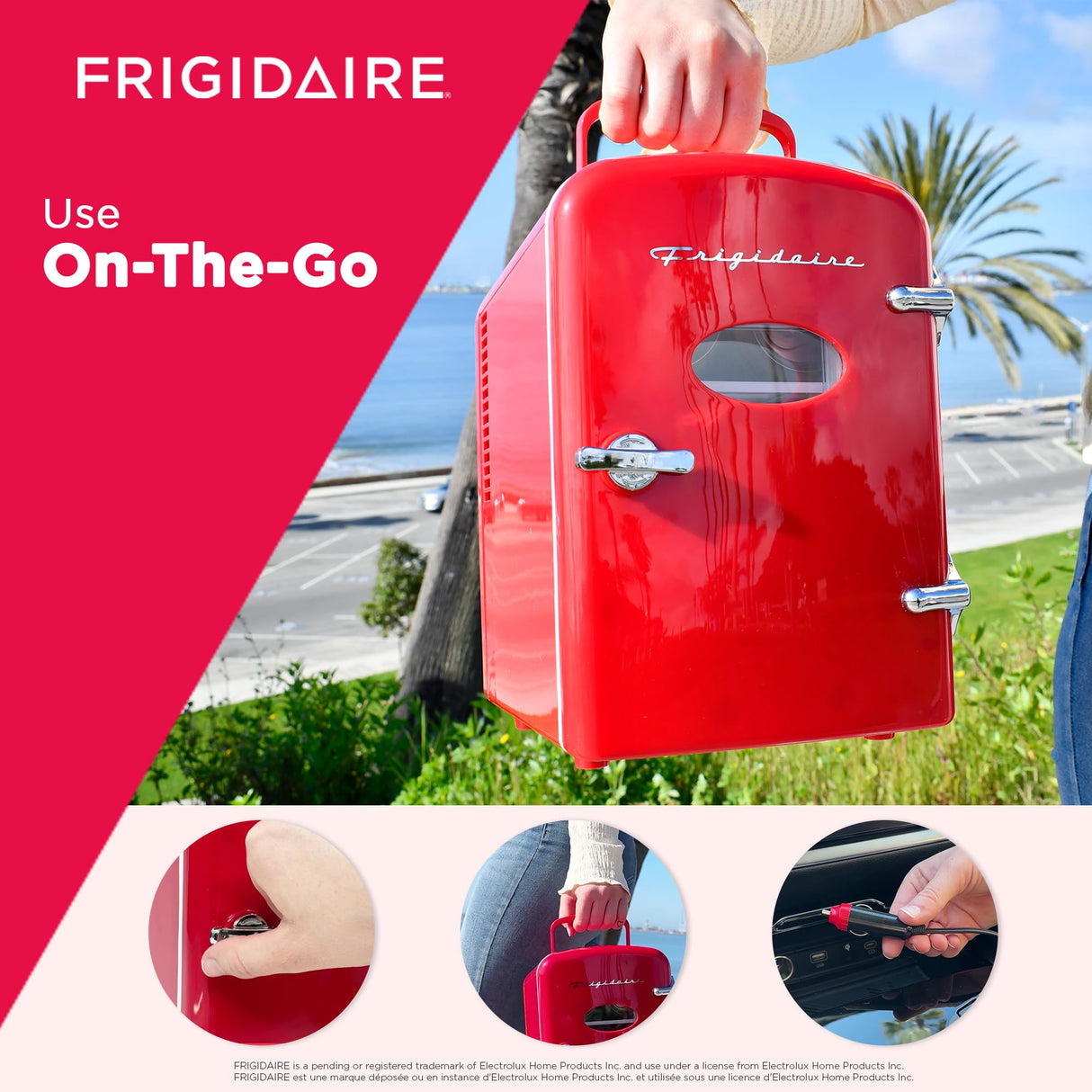 Frigidaire EFMIS129-RED_CP4 Mini Personal Fridge Cooler, 1 Gal Capacity fits Six Cans, Includes Plugs for Home Outlet & DC Charger-9.84" D x 7.09" W x 10.35" H, standard Frigidaire