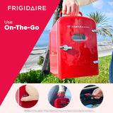 Frigidaire EFMIS129-RED_CP4 Mini Personal Fridge Cooler, 1 Gal Capacity fits Six Cans, Includes Plugs for Home Outlet & DC Charger-9.84" D x 7.09" W x 10.35" H, standard Frigidaire