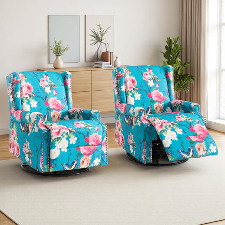 Swivel Rocker Recliner Chair, Manual Nursery Glider Recliner, Floral Fabric Wingback Accent Chair with Adjustable Backrest & Footrest for Small Spaces Living Room Bedroom (Peacock Blue, Set of 2) DREAMSIDEA