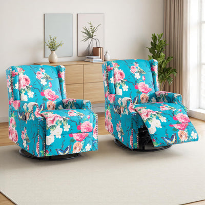 Swivel Rocker Recliner Chair, Manual Nursery Glider Recliner, Floral Fabric Wingback Accent Chair with Adjustable Backrest & Footrest for Small Spaces Living Room Bedroom (Peacock Blue, Set of 2)