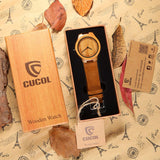 CUCOL Men's Bamboo Wooden Watch with Brown Cowhide Leather Strap Japanese Quartz Movement Casual Watches CUCOL