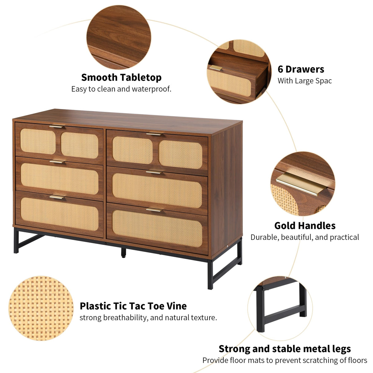 IQCNGVX 6 Drawer Dresser, Modern Rattan Dresser Chest with Wide Drawers and Metal Handles, Accent Dresser Drawer Organizer, Farmhouse Wood Storage Chest of Drawers for Bedroom, Living Room, Entryway IQCNGVX