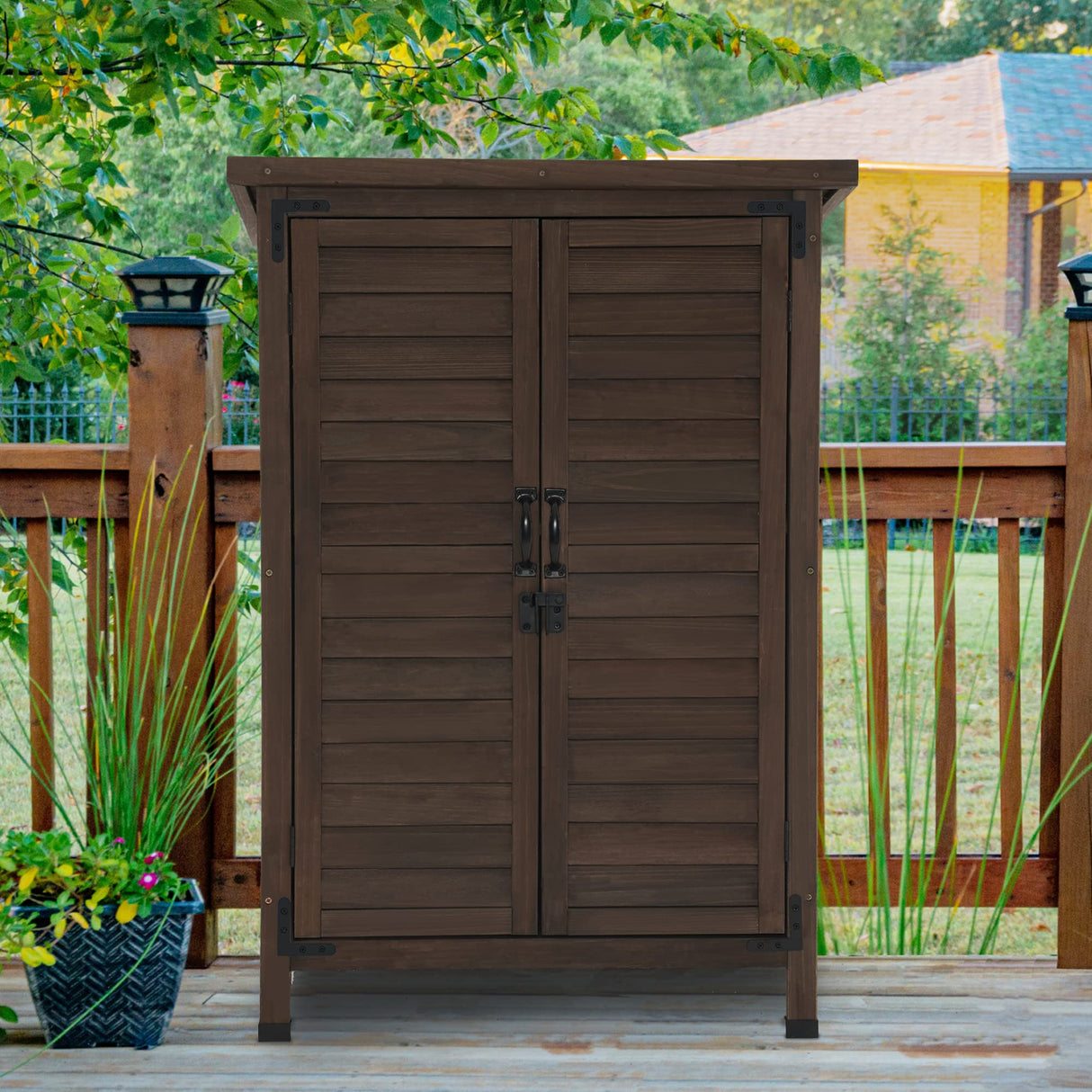 MCombo Outdoor Wood Storage Cabinet, Small Size Garden Wooden Tool Shed with Double Doors, Outside Tools Cabinet for Backyard (24.6”x 18.3”x38.2”) 0985 (Brown) MCombo