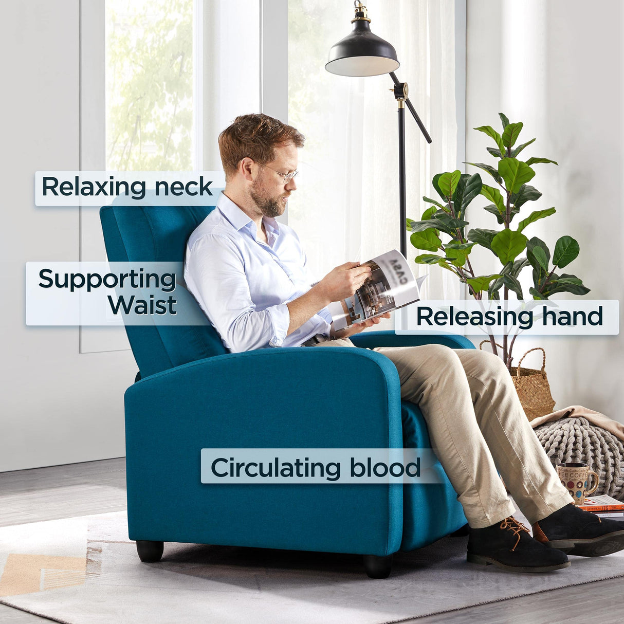 Topeakmart Fabric Recliner Sofa Push Back Recliner Chair Adjustable Modern Single Reclining Chair Upholstered Sofa with Pocket Spring Living Room Bedroom Home Theater Blue Topeakmart