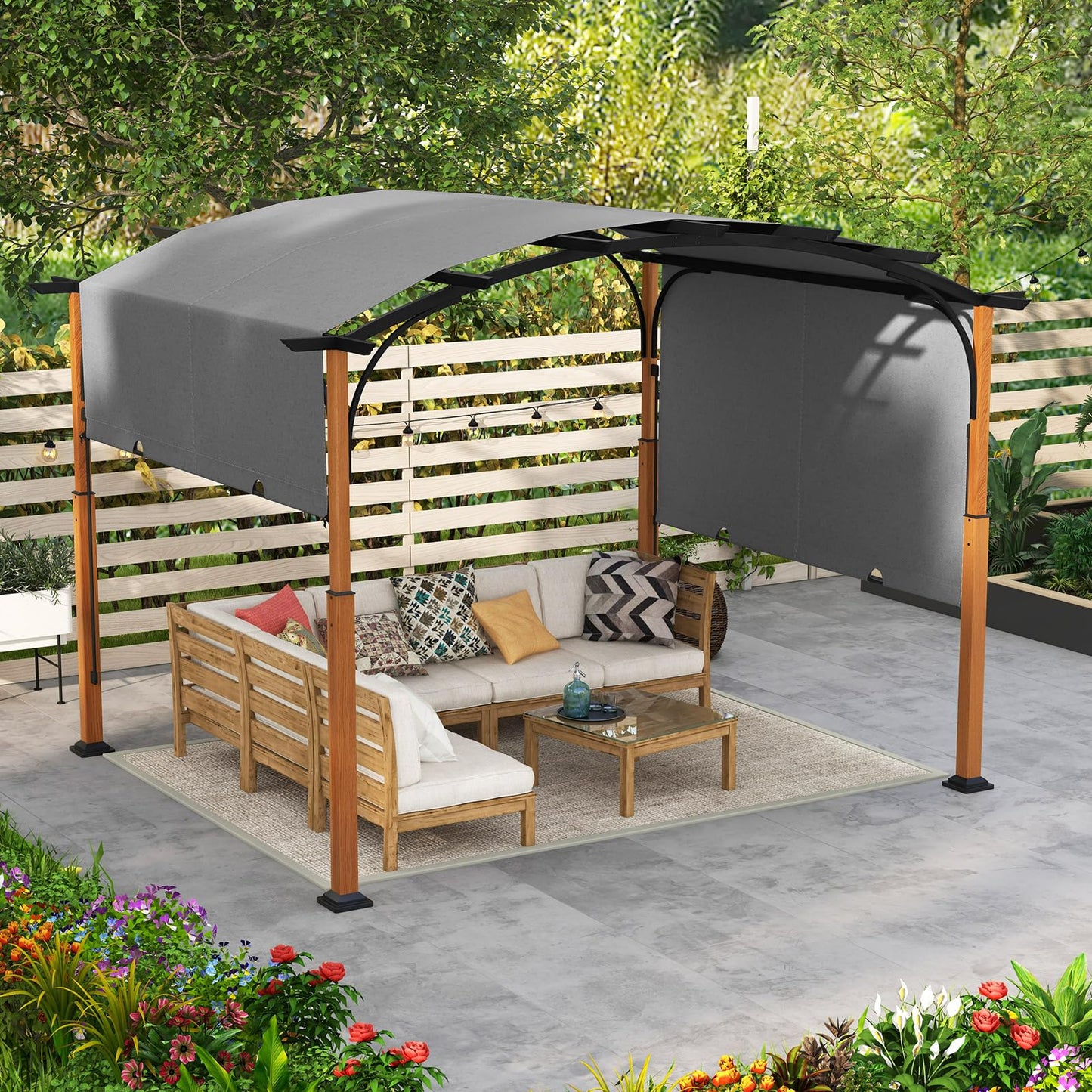 Tangkula 10x12Ft Pergola, Arched Patio Pergola with Retractable Sun Shade Canopy, Extra Large Patio Shelter Pavilion, Outdoor Pergola for Deck, Porch, Garden, Yard (Grey)