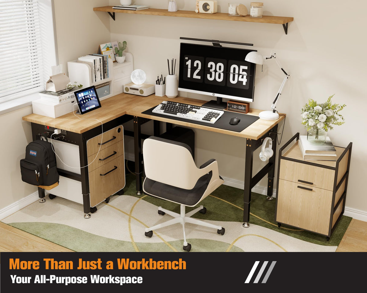 Jocisland Adjustable Workbench with Power Outlets, 2000 Lbs Capacity Rubber Wood Top Work Benches for Garage, Workshop, Office Jocisland