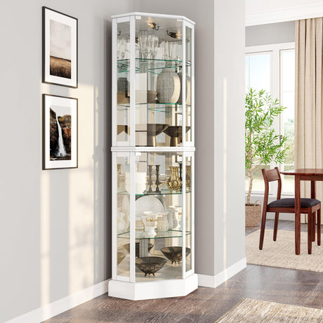BELLEZE Lighted 3-Side Glass Display Curio Cabinet with Tempered Glass Doors and Shelves, Curved Wood Corner Cabinet with Bulb, Corner Curio Storage Rack for Bar and Liquor Storage - Ashfield (White) BELLEZE