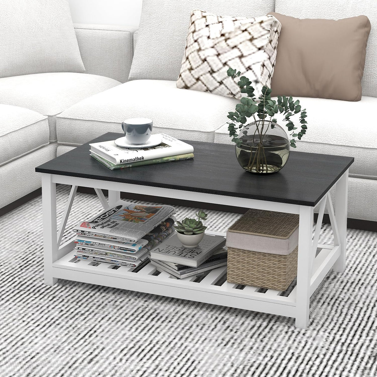 UYIHOME Farmhouse Coffee Table for Living Room, 2-Tier Rectangular Wooden Centre Cocktail Table with Slats Shelf Storage and V-Shaped Frame, Oak Blak UYIHOME