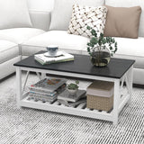UYIHOME Farmhouse Coffee Table for Living Room, 2-Tier Rectangular Wooden Centre Cocktail Table with Slats Shelf Storage and V-Shaped Frame, Oak Blak UYIHOME