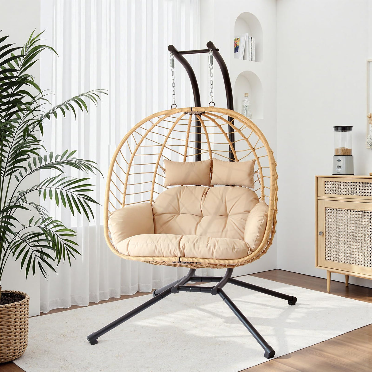 Double Egg Chair with Stand, Patio Wicker Hanging Swing Egg Chair Thickened, Galvanized Pipe Steel Frame and UV Resistant Cushion for Bedroom Garden Indoor Outdoor, 440LBS Capacity (Natural Beige) JOINFUN