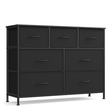 SONGMICS Dresser for Bedroom, Chest of Drawers, TV Stand, Steel, MDF, 7 Non-Woven Fabric Drawers, Storage Organizer Unit, Closet, Entryway, Ink Black and Ebony Black ULGS323B01S SONGMICS