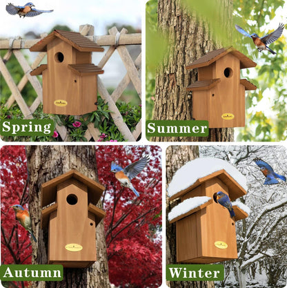 Cedar Comfy Mansion Bluebird House for Outside,2 Layers Metal Roof Water Proof, Outdoor Lifetime Durability Solid Cedar Wood Bird House for Pole, Secure Latch, Updated 1.5" Hole Size