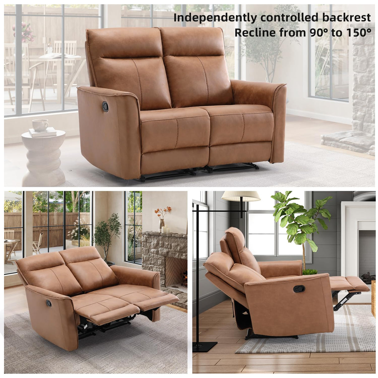 Manual Loveseat Recliner Sofa, Wall-Hugger 2 Seat Reclining Love Seat Couches, Leathaire Reclining Sofa Set, Double Seater Recliner Chair for Living Room, Office, Apartment, Brown CANMOV