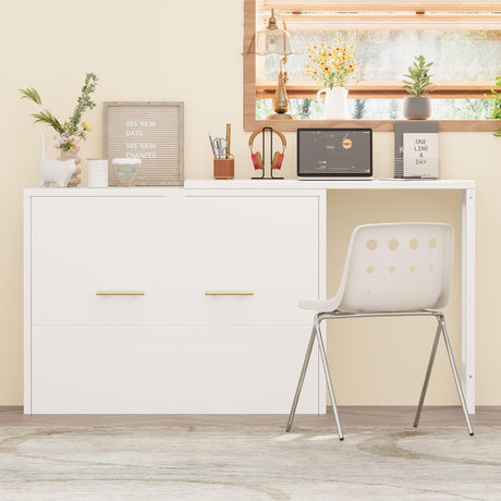 RUNNA Twin Size Murphy Cabinet Bed with Adjustable Position Desk, Murphy Chest Dresser Bed with Foldable Cushion for Guest Room,Small Space (White_03) RUNNA