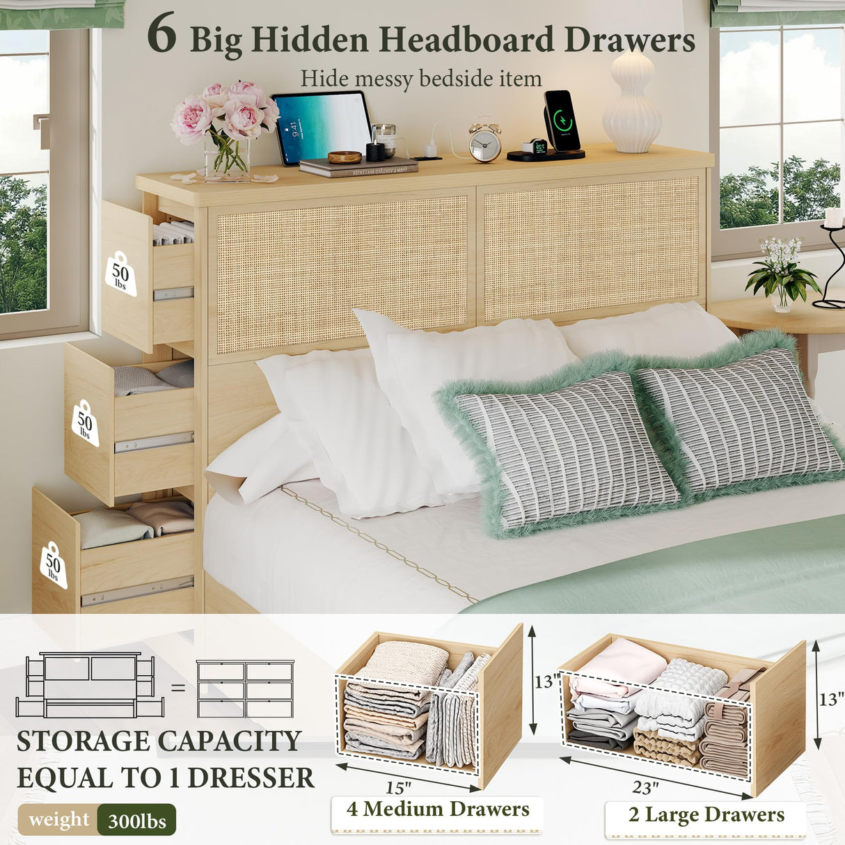 Yechen 48" Natural Rattan Headboard Queen Size with 6 Storage Drawers and Charging Station, Tall Light Wood Boho Queen Headboard Only, Freestanding Wicker Sturdy Frame Wall Headboards, Natural Yechen