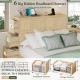 Yechen 48" Natural Rattan Headboard Queen Size with 6 Storage Drawers and Charging Station, Tall Light Wood Boho Queen Headboard Only, Freestanding Wicker Sturdy Frame Wall Headboards, Natural Yechen