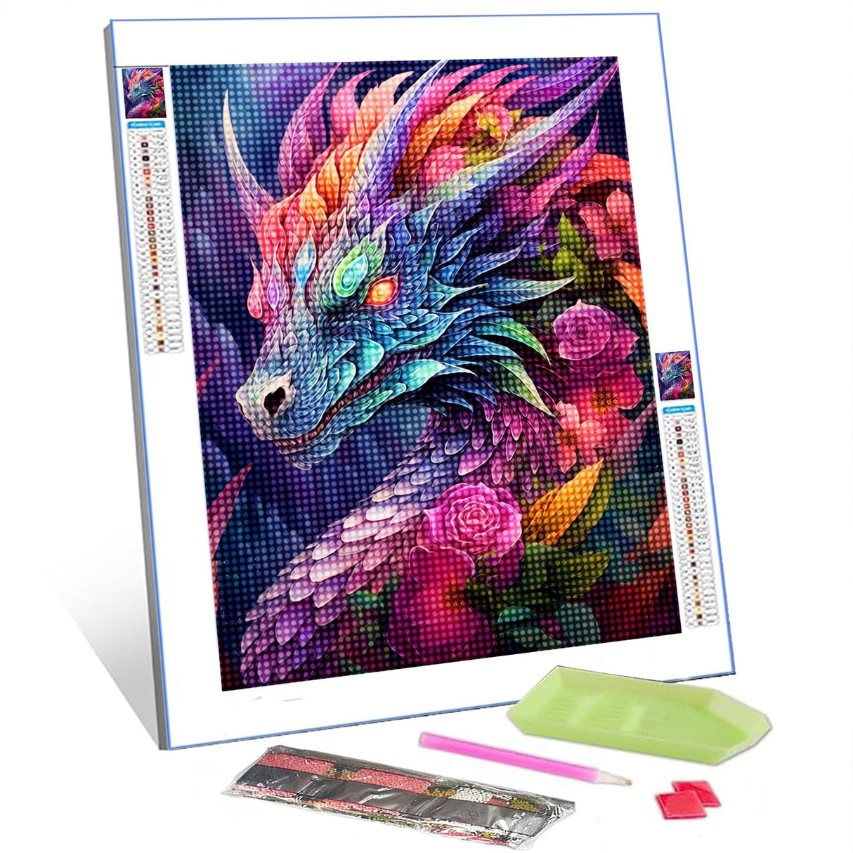 Fantasy Animal Dragon Diamond Painting DIY 5D, Numbering Kit, Tropical Pink Flowers Crystal Rhinestone Diamond Paintwork Mythical Wildlife Pictures Artwork Home Decor Adults Gift(12''Wx 16''H) TUMOVO
