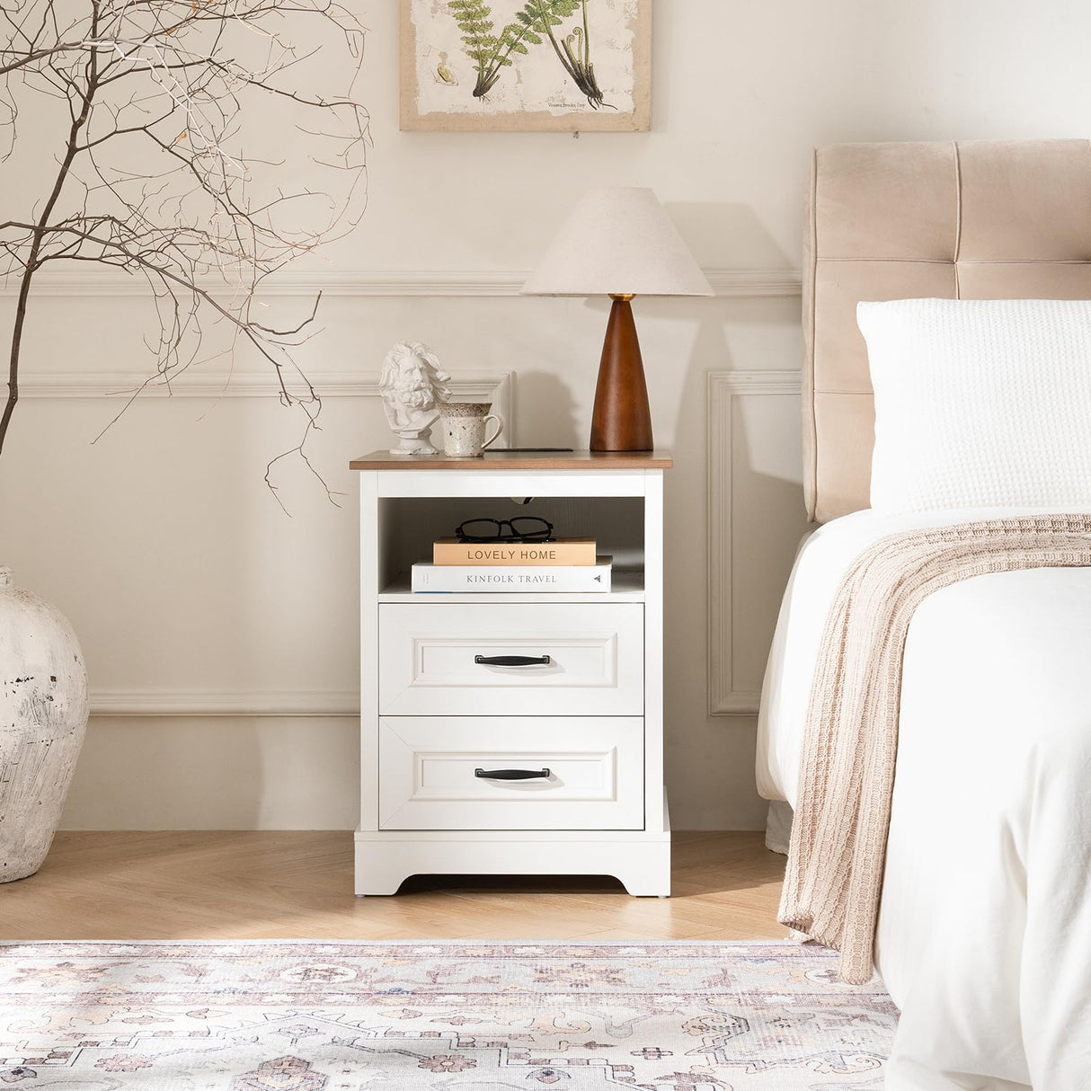 Curlaky Farmhouse Nightstand with Charging Station, Wood Night Stand with Drawers, Bedside Table, Nightstands with Open Storage Shelf, Rustic Night Stands for Bedroom, Closet, 18" Wide, 24" Tall Curlaky