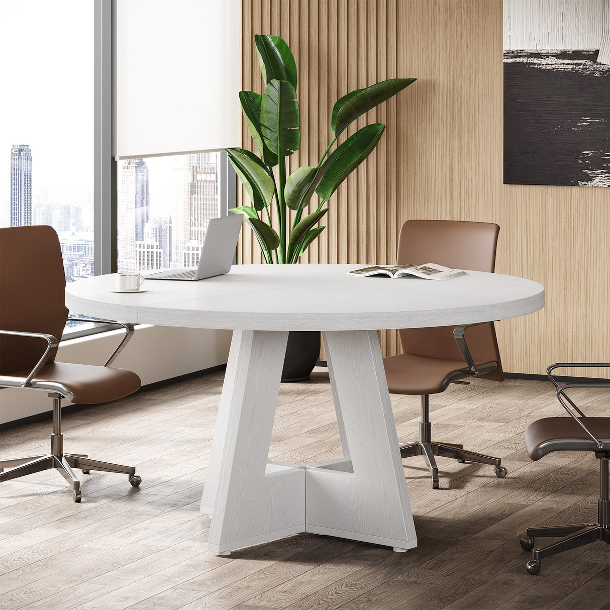 Tribesigns 47-Inch Round Conference Table for 4-6 People, Wooden Meeting Room Table with Thicken Tabletop and Wood Base (White) Tribesigns