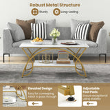 COSTWAY Marble Coffee Table, 2-Tier Modern Faux Marble Accent Table with Storage and Gold Finished Metal Frame, Chic Rectangular End Table for Living Room Office Lounge COSTWAY