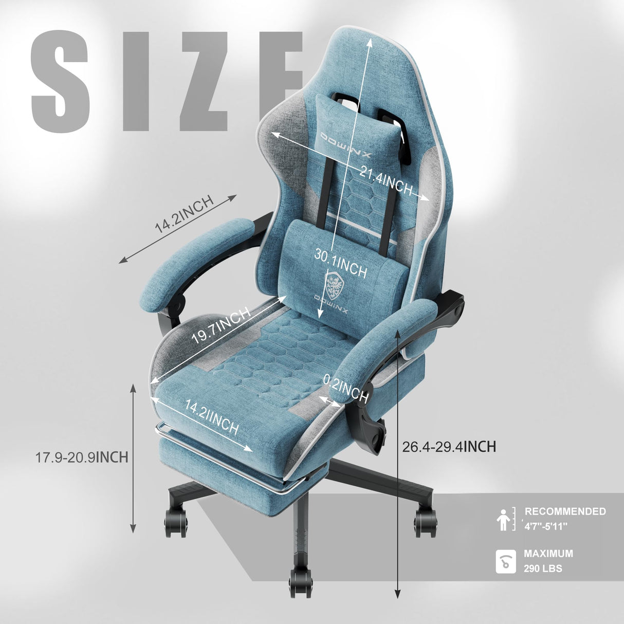 Dowinx Gaming Chair Fabric with Pocket Spring Cushion, Massage Game Chair Cloth with Headrest, Ergonomic Computer Chair with Footrest 290LBS, Blue and Grey Dowinx