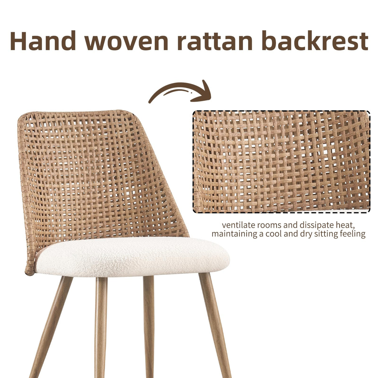 YLKHOME Rattan Dining Chairs Set of 4, Rattan Set of 4 Dining Chairs with Cane PE Rattan Backrest,Upholstered Boucle Fabric Dining Chairs Set of 4, Cesca Cane Dining Chairs for Bedroom, Kitchen YLKHOME
