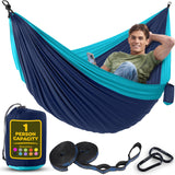 Durable Hammock 400 lb Capacity, Nylon Camping Hammock Chair - Double or Single Sizes w/Tree Straps and Attached Carry Bag - Portable for Travel/Backpacking/Beach/Backyard (Medium, Blue & Light Blue) SEWANTA