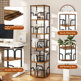 IBUYEK 6 Tier Square Rotating Bookshelf, 360° Spinning Bookcases Tower,Freestanding Corner Bookshelf with Rails,Industrial Swivel Bookcase Organizer for Bedroom, Living Room,Study,Brown,UTBC005H IBUYKE