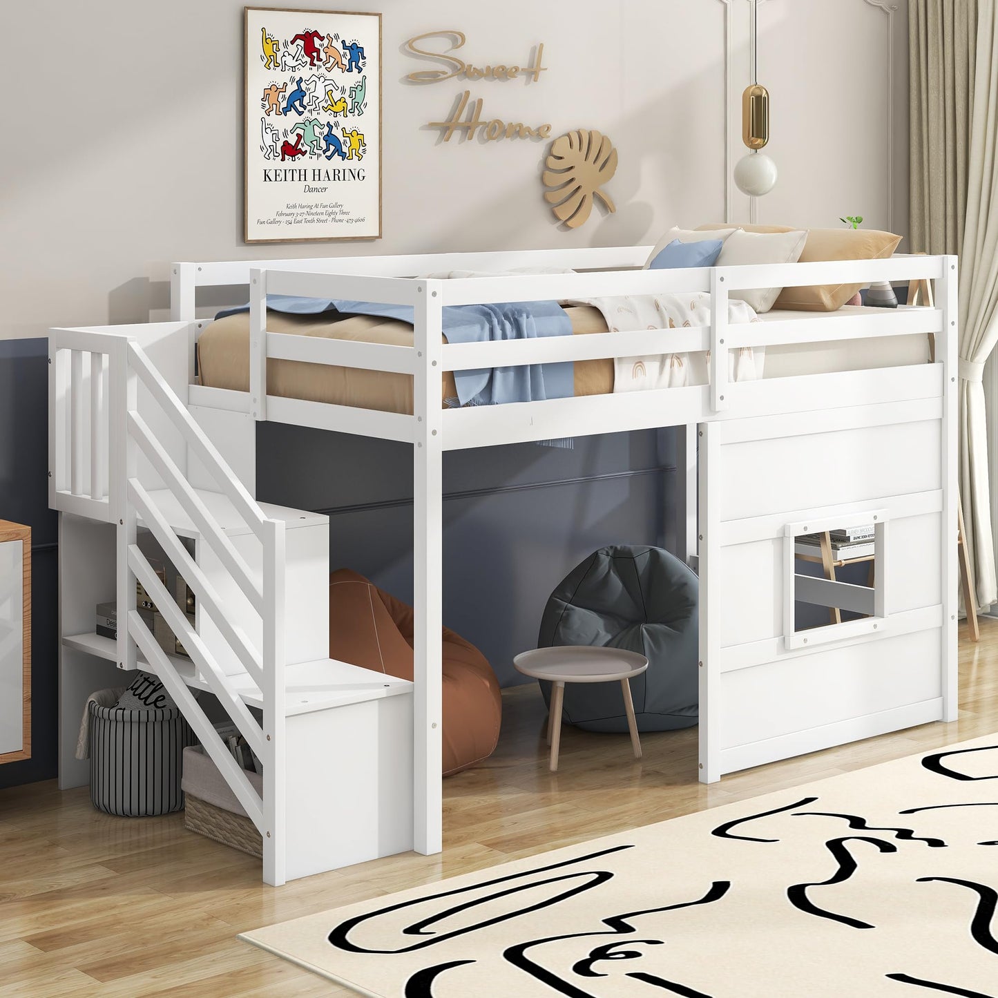 SOFTSEA Twin Low Loft Bed with Storage Stairs – Durable Wood Frame for Kids & Teens, White