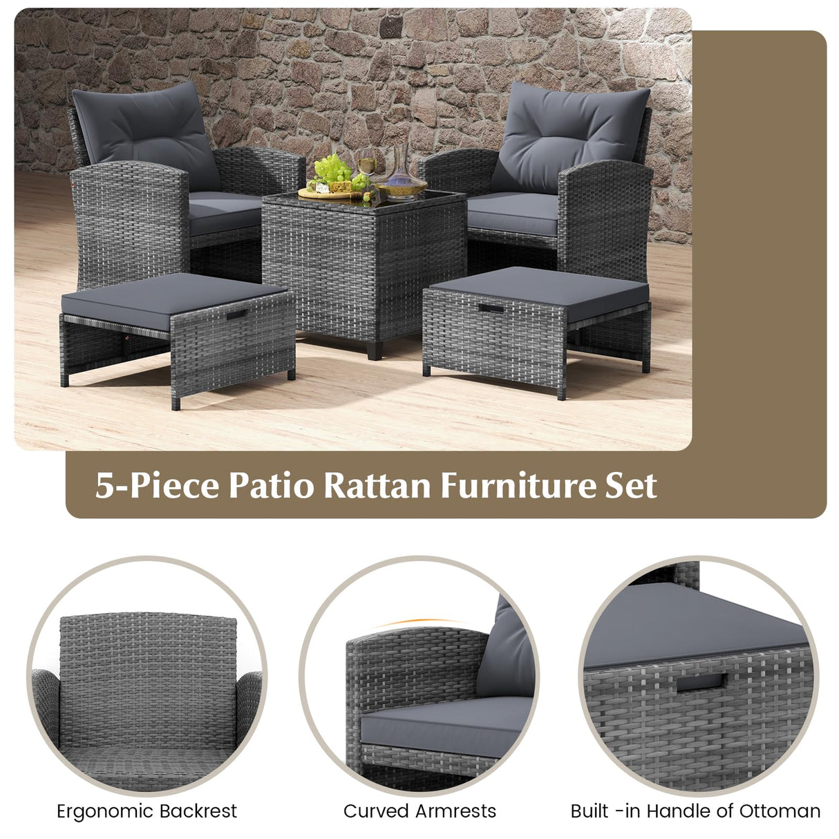 Tangkula 5 Piece Patio Rattan Furniture, Wicker Cushioned Chairs Set w/ 2 Ottomans & Tempered Glass Coffee Table, for Poolside, Backyard, Lawn, Deck Tangkula