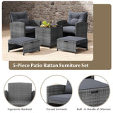 Tangkula 5 Piece Patio Rattan Furniture, Wicker Cushioned Chairs Set w/ 2 Ottomans & Tempered Glass Coffee Table, for Poolside, Backyard, Lawn, Deck Tangkula