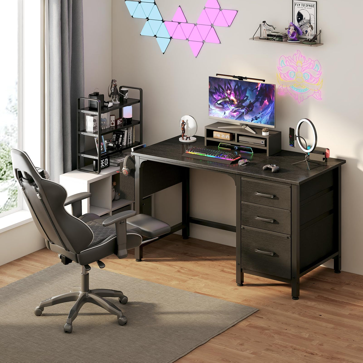 Lufeiya Computer Desk with File Drawers Cabinet, 47 Inch Home Office Desks with Filing Cabinet for Small Space, Gaming Study Writing Table PC Desks, Black Lufeiya