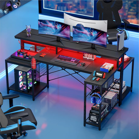 Bestier Gaming Desk with Power Outlet, 71.5 inch LED Computer Desk with Monitor Stand, L Shaped Large Desk with Metal Shelf, Cup Holder & Headset Hooks, Corner Desk for Bedroom 3D Carbon Fiber Bestier