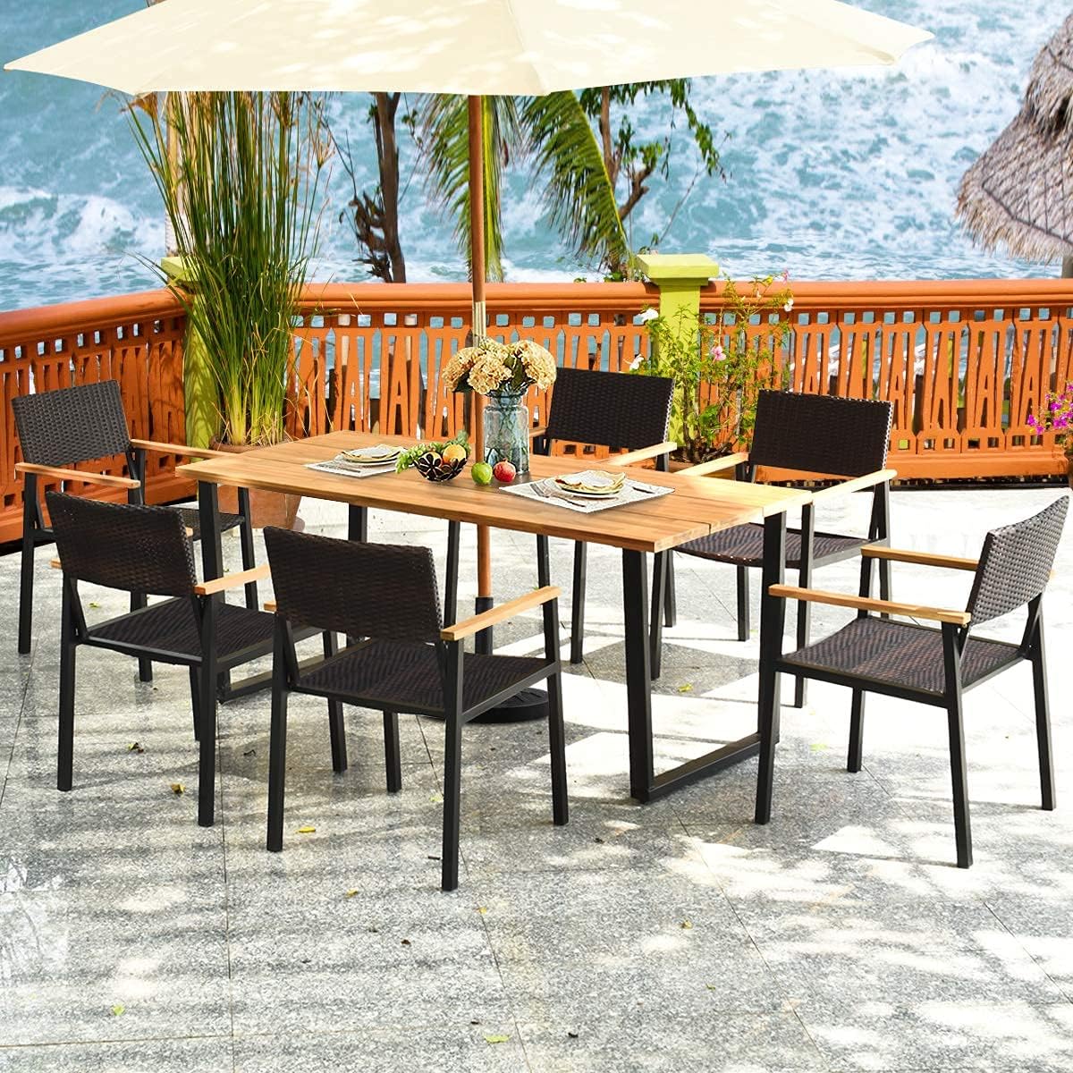 HAPPYGRILL 7 Pieces Wood Rattan Patio Dining Set, Outdoor Dining Furniture Set with Rectangle Table Wicker Chairs, Acacia Wood Tabletop with Umbrella Hole, Dining Set for Garden Backyard HAPPYGRILL
