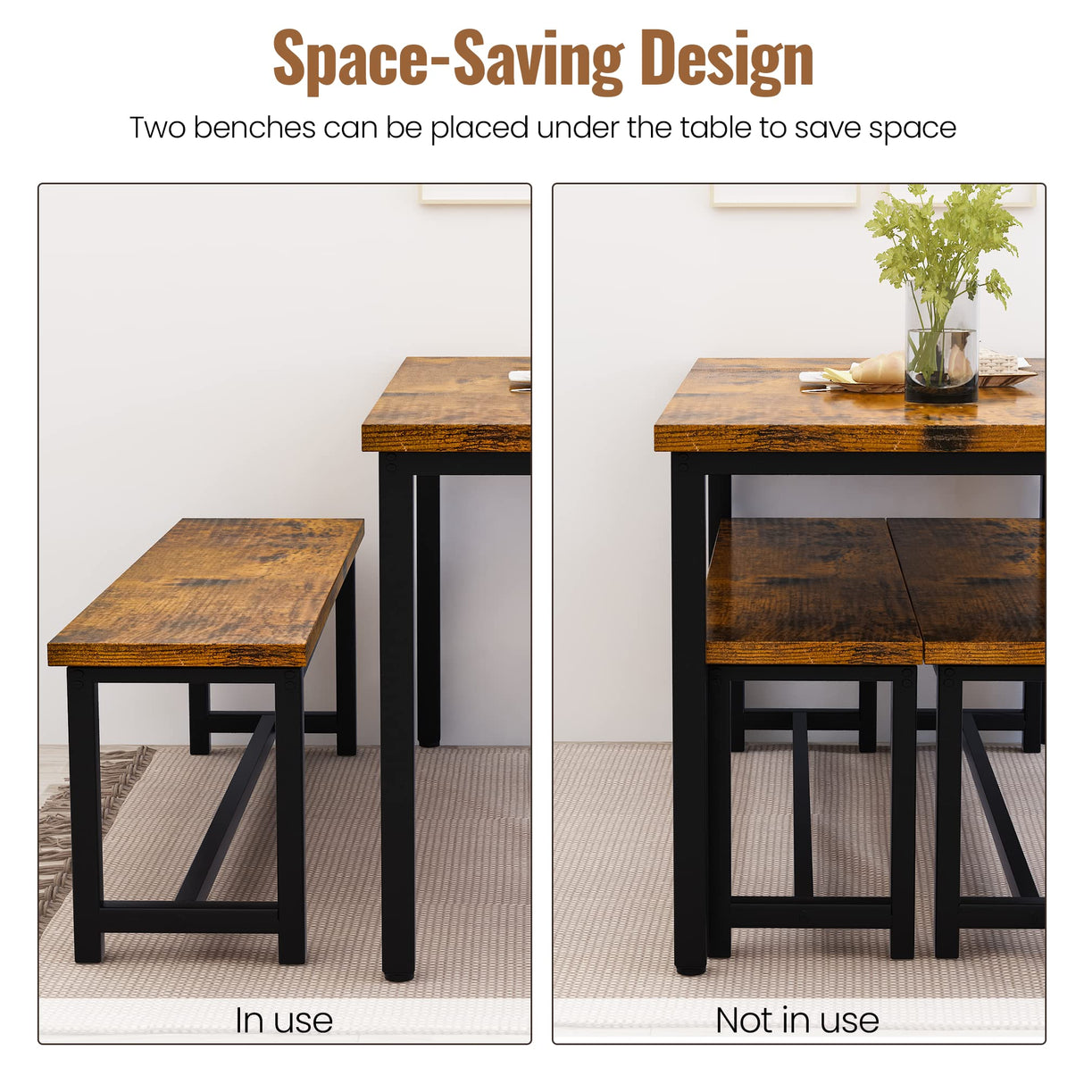 Recaceik Dining Table Set for 4 Kitchen Table Set with 2 Dining Benches, 3 Piece Farmhouse Dining Room Table Set Industrial Breakfast Nook Table Set for Small Space, Apartment, Rustic Brown Recaceik