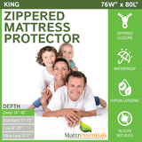 Zippered King Mattress Protector (14"-16" Depth) - Bed Bug Waterproof Mattress Cover, Premium Quality Hypoallergenic Encasement White Mattressentials