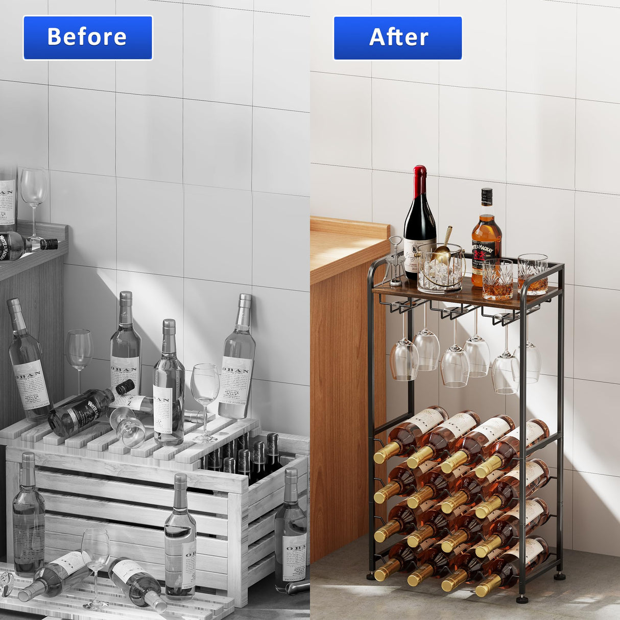 IBEDMAZIE Freestanding Floor Wine Rack,16 Bottles Wine Shelf for Kitchen,Dining Room,Home,Office, Bar,Perfect Combination of Wood and Metal, Easy to Install IBEDMAZIE