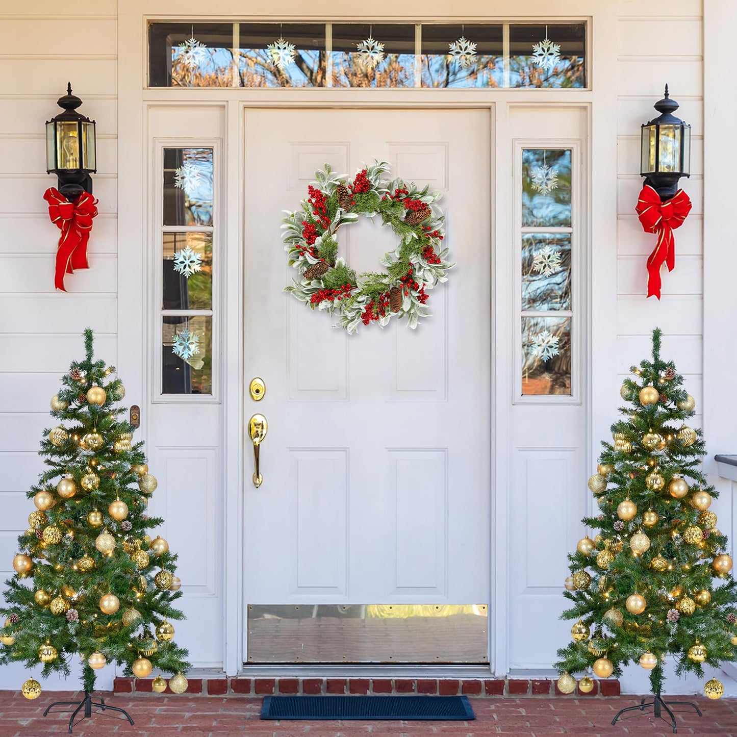 Sggvecsy 19 Inch Artificial Christmas Wreath for Front Door Flocked Lambs Ear Wreath with Red Berries Pine Needles Pinecones Christmas Decorations for Wall Outdoor Home Holiday Xmas Decor