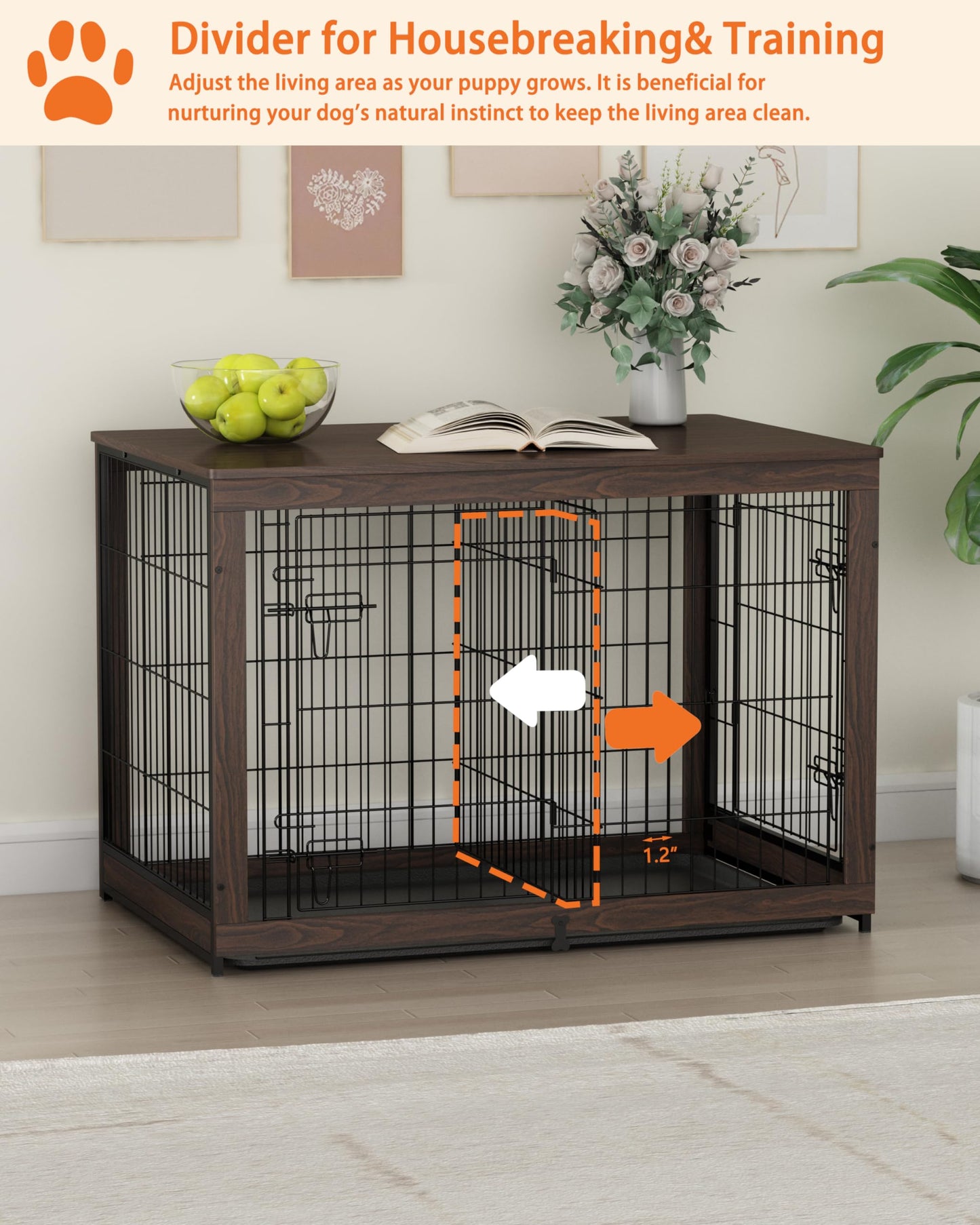 Piskyet Wooden Dog Crate Furniture with Divider Panel, Dog Crate End Table with Fixable Slide Tray, Double Doors Dog Kennel Indoor for Dogs(XL:43.2" L * 28.6" W * 30.3" H,Brown Walnut) - WoodArtSupply