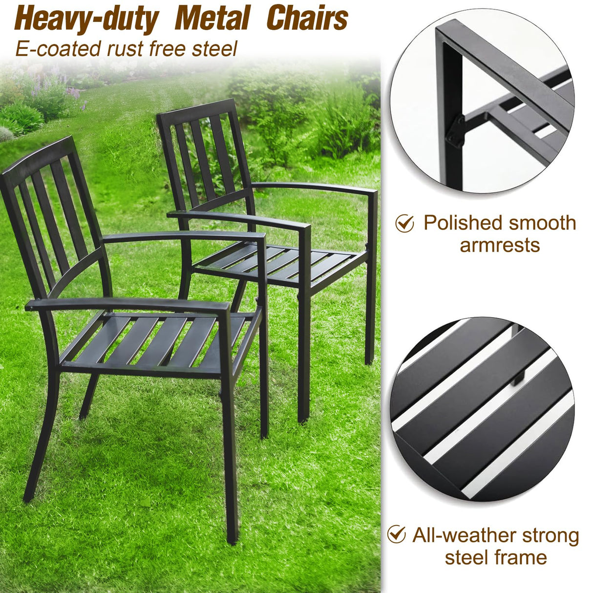 PHI VILLA 7 Piece Outdoor Dining Set for 6, 60” Rectangular Metal Steel Dining Table with Umbrella Hole & Stackable Dining Chairs for Patio, Deck, Yard, Garden PHI VILLA