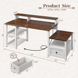 EnHomee 63" Farmhouse Style Computer Desk with Drawers and LED Lights, Storage Shelves and Power Outlets, Home Office Desks with Long Monitor Stand for Work, Study, Writing, Antique White. EnHomee