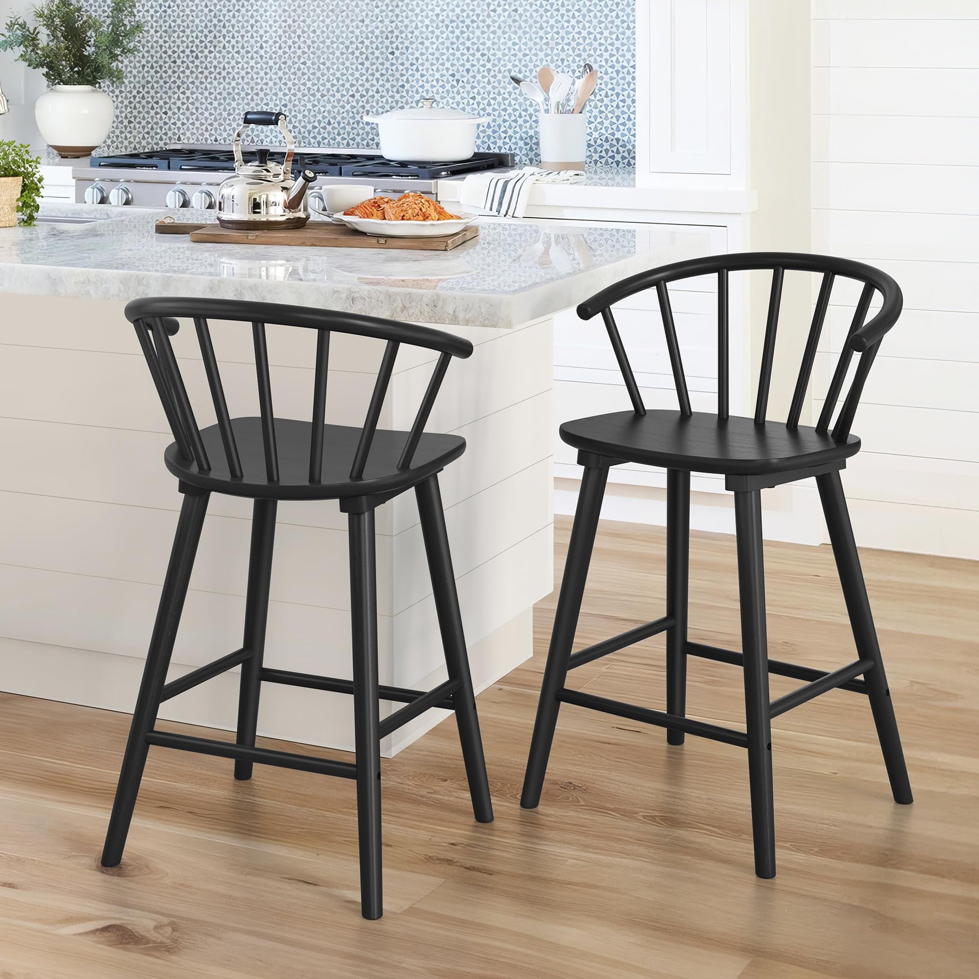 LUE BONA Wood Bar Stools with Semicircular Backrest, Black Farmhouse Barstools Set of 2, Modern Counter Height Bar Stools for Kitchen Island, 24 Inch - WoodArtSupply