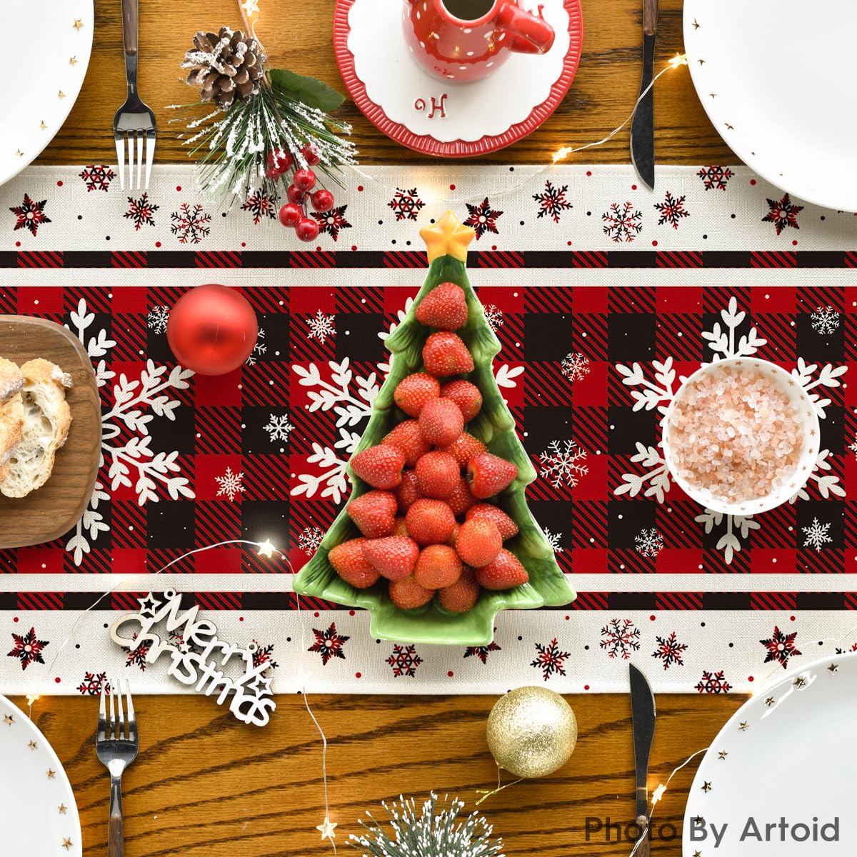 Artoid Mode Buffalo Plaid Snowflakes Christmas Table Runner, Seasonal Winter Kitchen Dining Table Decoration for Home Party Decor 13x72 Inch Artoid Mode