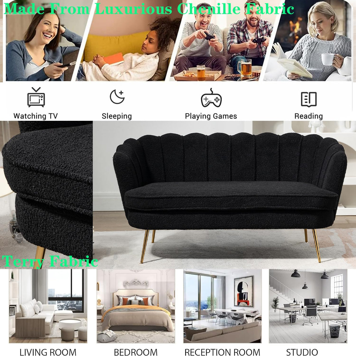 Black Modern Boucle Loveseat Couch,Futon Small Sofa with Gold Metal Legs ,2-Seater Upholstered Mini Sofa Couches for Small Space,Living Room Bedroom Office Dorm Studio Apartment Couche(Black) Gustonhon